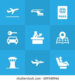 Set Of 9 Aircraft Icons Set.Collection Of Hire, Passport, Location And Other Elements.