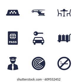 Set Of 9 Aircraft Icons Set.Collection Of Hire, Restaurant, Passport And Other Elements.