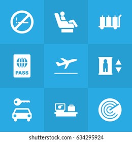 Set Of 9 Aircraft Icons Set.Collection Of Radiolocator, Automobile, Vip And Other Elements.