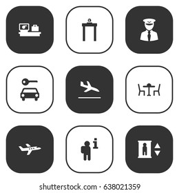 Set Of 9 Aircraft Icons Set.Collection Of Automobile, Metal Detector, Restaurant And Other Elements.