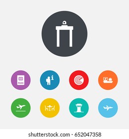 Set Of 9 Aircraft Icons Set.Collection Of Air Traffic Controller, Passport, Radiolocator And Other Elements.