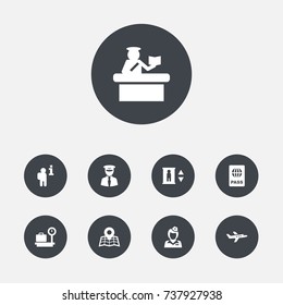 Set Of 9 Aircraft Icons Set.Collection Of Hostess, Aircraft, Location And Other Elements.