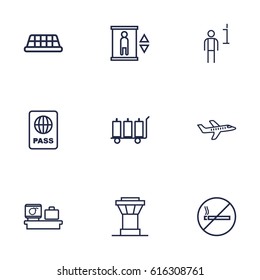 Set Of 9 Aircraft Outline Icons Set.Collection Of Plane, No Smoking, Luggage Trolley And Other Elements.