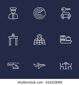 Set Of 9 Aircraft Outline Icons Set.Collection Of Detection, Luggage Check, Map And Other Elements.