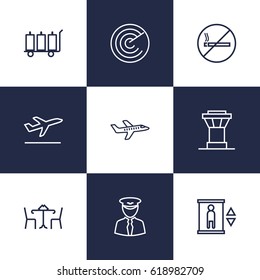 Set Of 9 Aircraft Outline Icons Set.Collection Of Cafe, Detection, Pilot And Other Elements.
