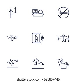 Set Of 9 Aircraft Outline Icons Set.Collection Of Data, Business Class, Cafe And Other Elements.