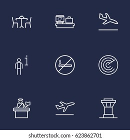 Set Of 9 Aircraft Outline Icons Set.Collection Of No Smoking, Control Tower, Detection And Other Elements.