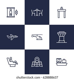 Set Of 9 Aircraft Outline Icons Set.Collection Of Helicopter, Business Class, Cafe And Other Elements.