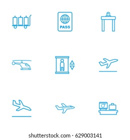 Set Of 9 Aircraft Outline Icons Set.Collection Of Flight, Airport Security, Elevator And Other Elements.