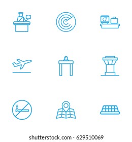 Set Of 9 Aircraft Outline Icons Set.Collection Of Control Tower, Luggage Check, No Smoking And Other Elements.