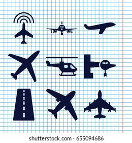 Set of 9 airline filled icons such as runway, plane, jetway
