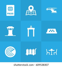 Set Of 9 Airplane Icons Set.Collection Of Transporter Car, Chopper, Rectifier And Other Elements.