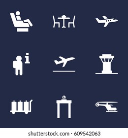 Set Of 9 Airplane Icons Set.Collection Of Carriage, Rectifier, Tower And Other Elements.
