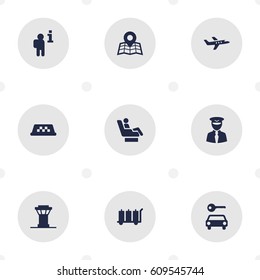 Set Of 9 Airplane Icons Set.Collection Of Location, Aviator, Tower And Other Elements.