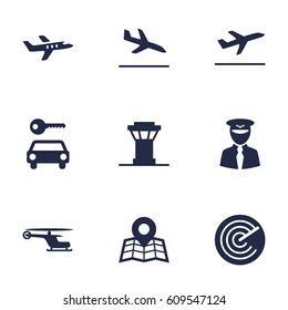 Set Of 9 Airplane Icons Set.Collection Of Chopper, Tower, Hire And Other Elements.