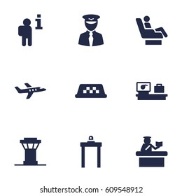 Set Of 9 Airplane Icons Set.Collection Of Aircraft, Security, Rectifier And Other Elements.