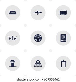 Set Of 9 Airplane Icons Set.Collection Of Location, Passport, Carriage And Other Elements.