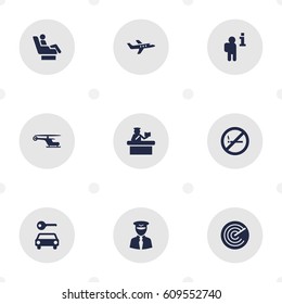 Set Of 9 Airplane Icons Set.Collection Of Vip, Security, Aviator And Other Elements.
