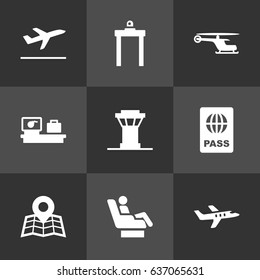 Set Of 9 Airplane Icons Set.Collection Of Passport, Location, Air Traffic Controller And Other Elements.