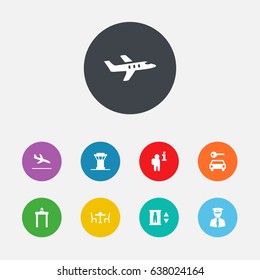 Set Of 9 Airplane Icons Set.Collection Of Air Traffic Controller, Letdown, Restaurant And Other Elements.