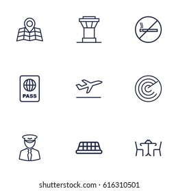 Set Of 9 Airplane Outline Icons Set.Collection Of No Smoking, Certification, Flight And Other Elements.
