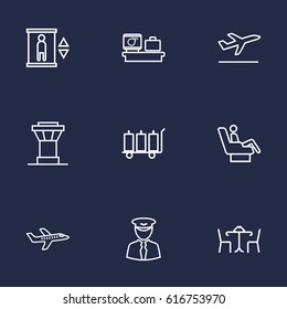 Set Of 9 Airplane Outline Icons Set.Collection Of Elevator, Business Class, Cafe And Other Elements.