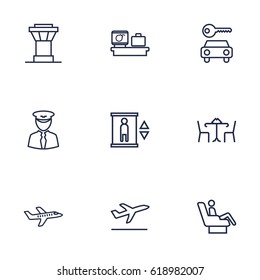 Set Of 9 Airplane Outline Icons Set.Collection Of Elevator, Pilot, Plane And Other Elements.