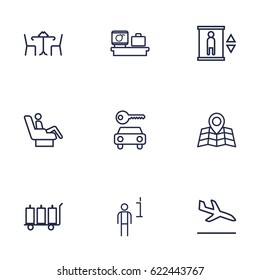 Set Of 9 Airplane Outline Icons Set.Collection Of Sit, Luggage Trolley, Luggage Check And Other Elements.