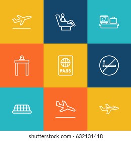 Set Of 9 Airplane Outline Icons Set.Collection Of Airport Security, Business Class, Certification And Other Elements.