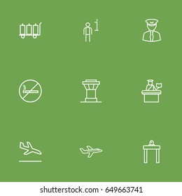 Set Of 9 Airplane Outline Icons Set.Collection Of Control Tower, Plane, Sit And Other Elements.