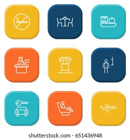Set Of 9 Airplane Outline Icons Set.Collection Of Control Tower, Plane, Data And Other Elements.