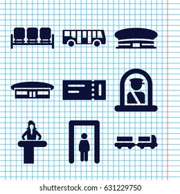 Set of 9 airport filled icons such as airport bus, metal gate detector, sofa, ticket
