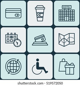 Set Of 9 Airport Icons. Can Be Used For Web, Mobile, UI And Infographic Design. Includes Elements Such As Card, Office, Globe And More.