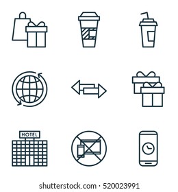Set Of 9 Airport Icons. Can Be Used For Web, Mobile, UI And Infographic Design. Includes Elements Such As Arrows, Takeaway, Around And More.