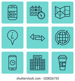 Set Of 9 Airport Icons. Can Be Used For Web, Mobile, UI And Infographic Design. Includes Elements Such As Direction, Phone, Crossroad And More.