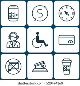 Set Of 9 Airport Icons. Can Be Used For Web, Mobile, UI And Infographic Design. Includes Elements Such As Math, Cup, No And More.