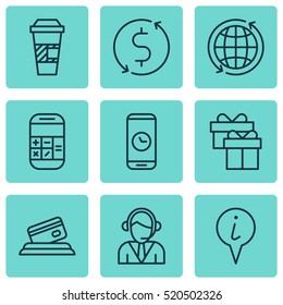 Set Of 9 Airport Icons. Can Be Used For Web, Mobile, UI And Infographic Design. Includes Elements Such As Present, Calculation, Coffee And More.