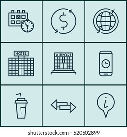 Set Of 9 Airport Icons. Can Be Used For Web, Mobile, UI And Infographic Design. Includes Elements Such As Info, Cup, Building And More.