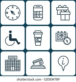 Set Of 9 Airport Icons. Can Be Used For Web, Mobile, UI And Infographic Design. Includes Elements Such As Date, Calendar, Coffee And More.