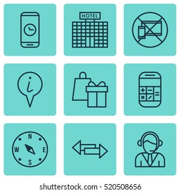 Set Of 9 Airport Icons. Can Be Used For Web, Mobile, UI And Infographic Design. Includes Elements Such As Center, Time, Locate And More.