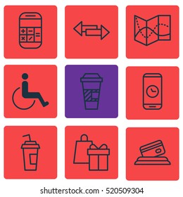 Set Of 9 Airport Icons. Can Be Used For Web, Mobile, UI And Infographic Design. Includes Elements Such As Disabled, Crossroad, Gift And More.
