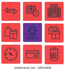 Set Of 9 Airport Icons. Can Be Used For Web, Mobile, UI And Infographic Design. Includes Elements Such As Gift, Appointment, Shopping And More.