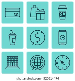 Set Of 9 Airport Icons. Can Be Used For Web, Mobile, UI And Infographic Design. Includes Elements Such As Locate, Exchange, Time And More.