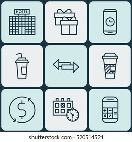 Set Of 9 Airport Icons. Can Be Used For Web, Mobile, UI And Infographic Design. Includes Elements Such As Calculator, Direction, Time And More.