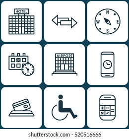 Set Of 9 Airport Icons. Can Be Used For Web, Mobile, UI And Infographic Design. Includes Elements Such As Math, Calendar, Airport And More.