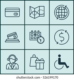 Set Of 9 Airport Icons. Can Be Used For Web, Mobile, UI And Infographic Design. Includes Elements Such As Exchange, Card, Disabled And More.