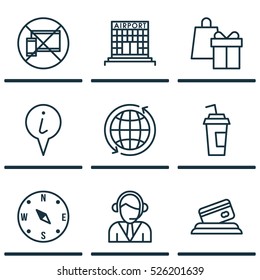 Set Of 9 Airport Icons. Can Be Used For Web, Mobile, UI And Infographic Design. Includes Elements Such As Drink, Building, Locate And More.