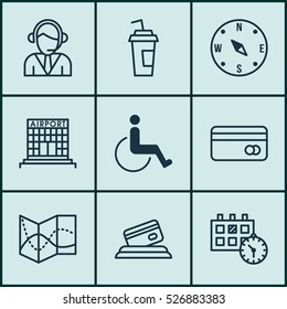 Set Of 9 Airport Icons. Can Be Used For Web, Mobile, UI And Infographic Design. Includes Elements Such As Operator, Road, Calendar And More.