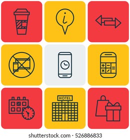 Set Of 9 Airport Icons. Can Be Used For Web, Mobile, UI And Infographic Design. Includes Elements Such As Date, Math, Time And More.
