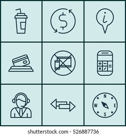 Set Of 9 Airport Icons. Can Be Used For Web, Mobile, UI And Infographic Design. Includes Elements Such As Calculation, Paper, Exchange And More.